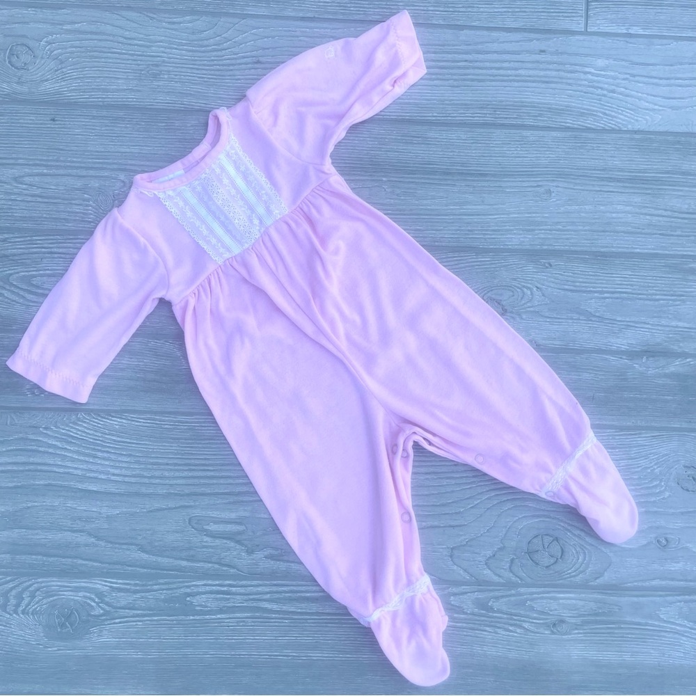 Vintage baby dior pink and lace one piece footie pajamas sleepwear outfit m 3-6m
